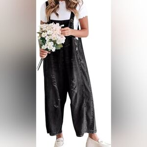 Women's Black Distressed Denim Overalls New, Unworn